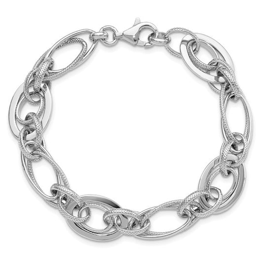 Sterling Silver Rhodium-plated Polished/Textured Link 7.5in Bracelet